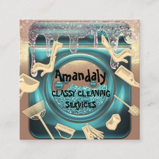 清掃ハウスサービスQRコードは金ゴールド洗濯物を乾燥 スクエア名刺 (正面)