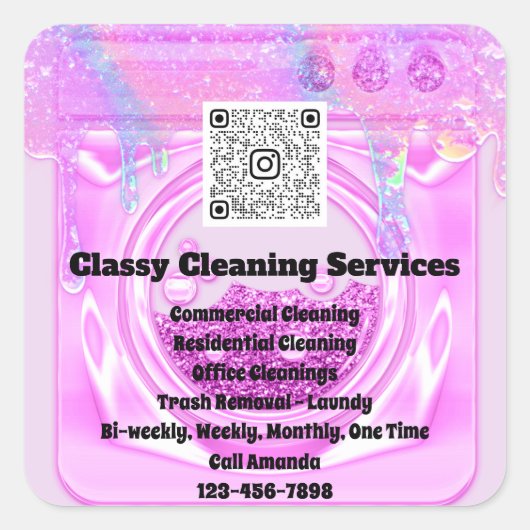 清掃メイドハウスキーパーQRCodeロゴはピンク色に乾く スクエアシール (正面)