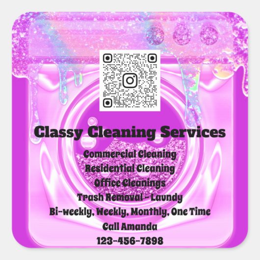 清掃メイドハウスキーパーQRCodeロゴドリップピンク スクエアシール (正面)