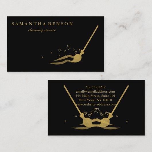 清掃モダンサービスつや消しブラックメタル金ゴールド 名刺 (正面/裏面)