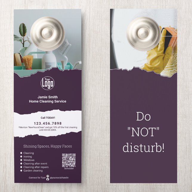 清掃モダンサービス促進カスタム ドアノブサイン (Modern Cleaning Service Promotional Custom Door Hanger: Logo, QR code, CTA, Terms, Services, Motto)