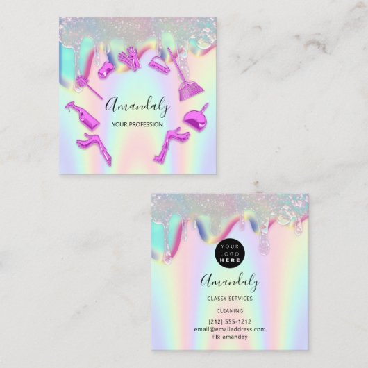 清掃会社のオフィスのサービスロゴホログラフィードリップ スクエア名刺 (正面/裏面)