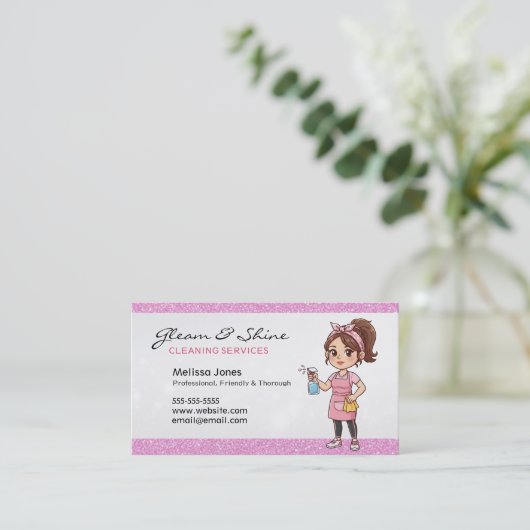 清掃用レディークリーナーウーマンピンクフェイクグリッター 名刺 (スタンド正面)
