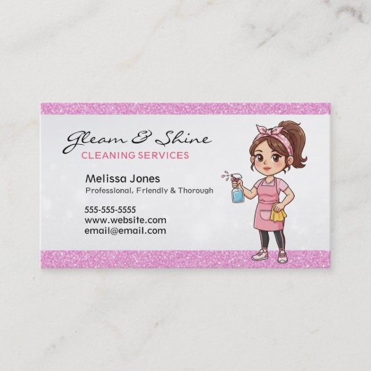 清掃用レディークリーナーウーマンピンクフェイクグリッター 名刺 (正面)