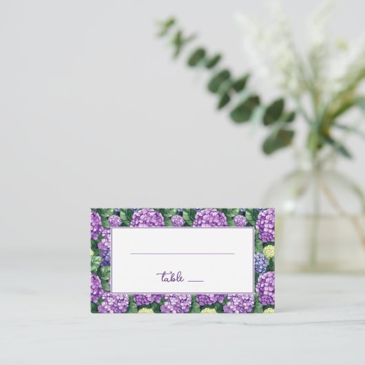 清楚な紫の紫陽花のフローラルボーダー プレイスカード (スタンド正面)