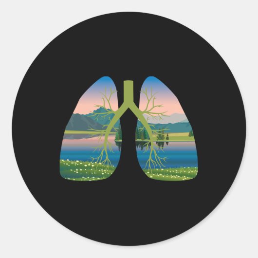 清浄な空気を吸う肺がTシャツの外に出る地球D ラウンドシール (正面)