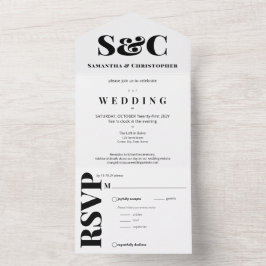 清潔で大胆なアンパサンドのモノグラム　ブラック＆ホワイト オールインワン招待状