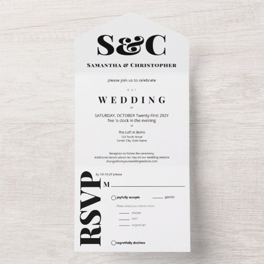 清潔で大胆なアンパサンドのモノグラム　ブラック＆ホワイト オールインワン招待状 (内側)