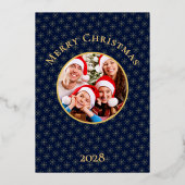 清潔なミッドナイトブルーの雪の結晶のクリスマスゴールド 箔シーズンカード (正面)