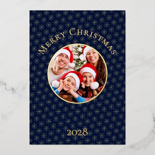 清潔なミッドナイトブルーの雪の結晶のクリスマスゴールド 箔シーズンカード (正面)