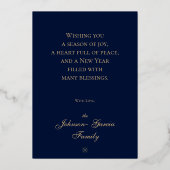 清潔なミッドナイトブルーの雪の結晶のクリスマスゴールド 箔シーズンカード (裏面)