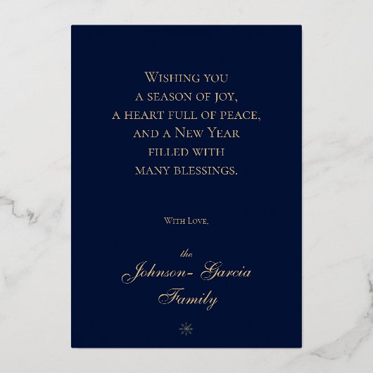 清潔なミッドナイトブルーの雪の結晶のクリスマスゴールド 箔シーズンカード (裏面)