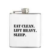 清潔に食べろ。重いものを持ち上げろ。よく眠れ。 フラスク (正面)