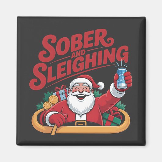 清酒でそり遊びをするサンタ 清酒好きのサンタ 断酒 クリスマス マグネット (正面)