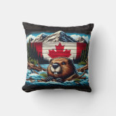 渓流に旗を持つカナディアン・ビーバー クッション (正面)