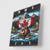 渓流に旗を持つカナディアン・ビーバー スクエア壁時計 (傾斜)