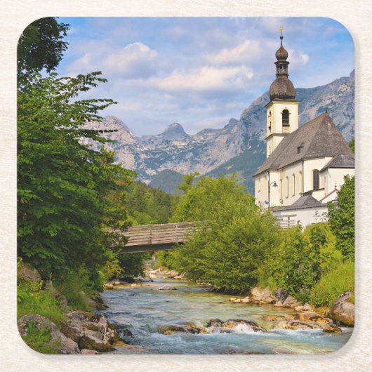 渓流景観を持つ山岳教会 スクエアペーパーコースター (正面)