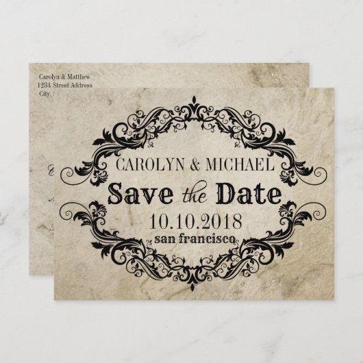 渦巻きと繁栄のアンティーク結婚式の日付を保存 案内ポストカード (正面/裏面)