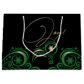 渦巻きと雪片ユニコーングリーンと金ゴールドJOY ラージペーパーバッグ (正面)