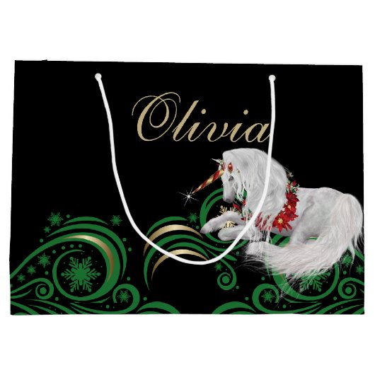 渦巻きと雪片ユニコーングリーンと金ゴールドJOY ラージペーパーバッグ (裏面)