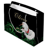 渦巻きと雪片ユニコーングリーンと金ゴールドJOY ラージペーパーバッグ (裏面アングル)