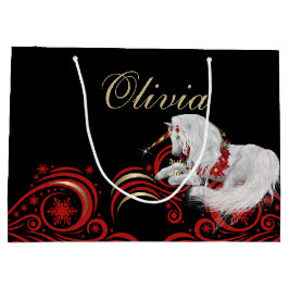 渦巻きと雪片ユニコーン赤と金ゴールドの喜び ラージペーパーバッグ