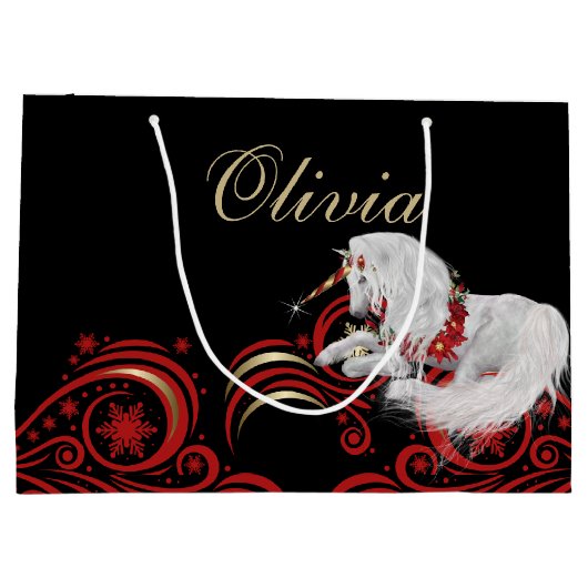 渦巻きと雪片ユニコーン赤と金ゴールドの喜び ラージペーパーバッグ (裏面)