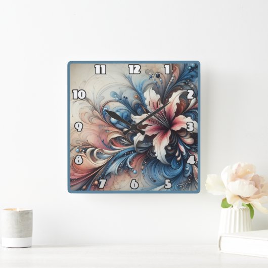 渦巻きカラフル状のフローラデザイン スクエア壁時計 (ホーム)