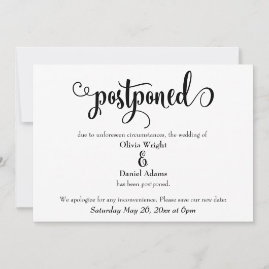 渦巻きスクリプトの結婚延期の発表 招待状 (正面)