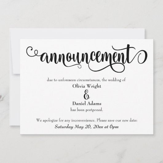 渦巻きスクリプトの結婚延期の発表 招待状 (正面)