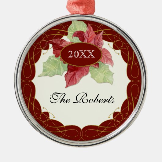 渦巻きスクロールアートクリスマスポインセチアパーソナライズされた メタルオーナメント (正面)