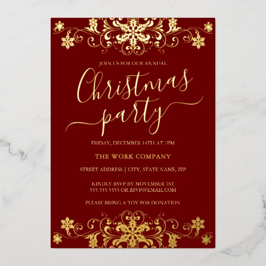 渦巻きスノーフレークレッド企業のクリスマスパーティー 箔招待状 (正面)