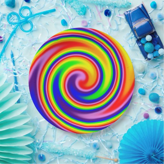 渦巻きソフトフォーカスレインボーカラーお祝い ペーパープレート (パーティー)