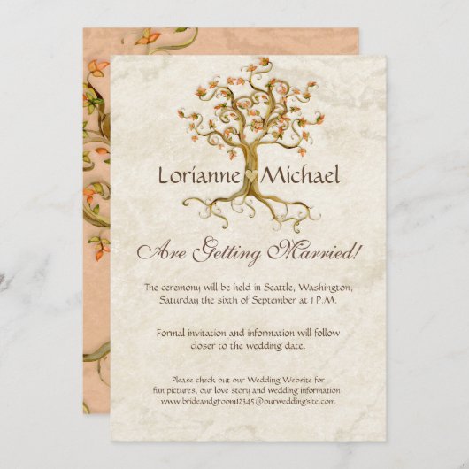 渦巻きツリールーツ アンティークパーチメント ウェディング セーブ セーブザデート (正面/裏面)