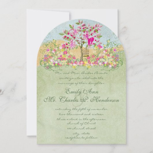 渦巻きピンクの緑の花の愛の鳥の木結婚の 招待状 (正面)
