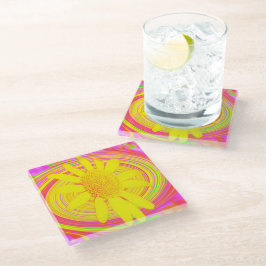 渦巻き上の黄色のひまわりサイケデリック花 ガラスコースター