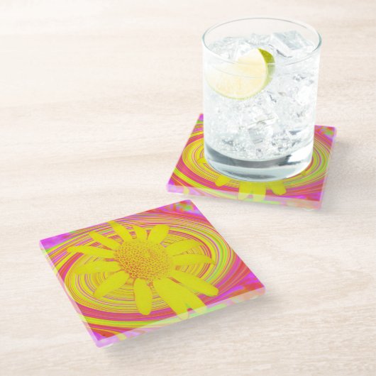 渦巻き上の黄色のひまわりサイケデリック花 ガラスコースター (アングル)