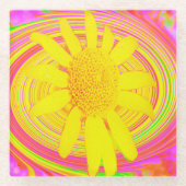 渦巻き上の黄色のひまわりサイケデリック花 ガラスコースター (正面)