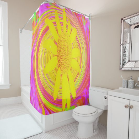 渦巻き上の黄色のひまわりサイケデリック花 シャワーカーテン (インサイチュ)