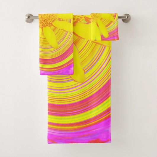 渦巻き上の黄色のひまわりサイケデリック花 バスタオルセット (インサイチュ)