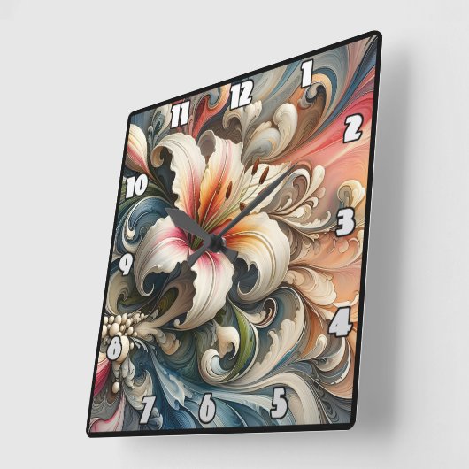 渦巻き型にカラフル囲まれたユリ スクエア壁時計 (傾斜)