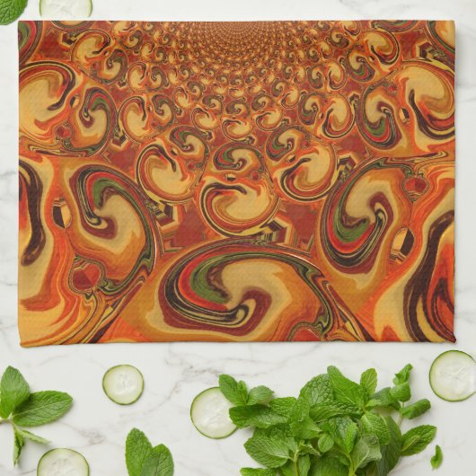 渦巻き抽象芸術オレンジ、ブラウン、緑の色調 キッチンタオル (折り畳み)
