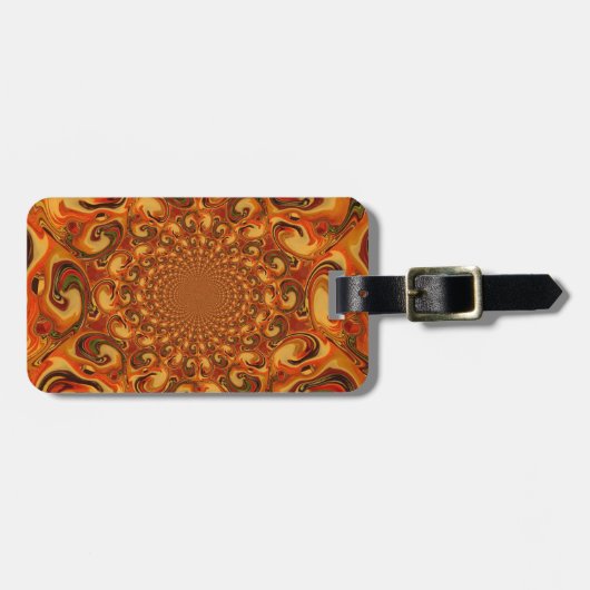 渦巻き抽象芸術オレンジ、ブラウン、緑の色調 ラゲッジタグ (正面横)