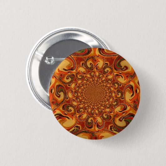 渦巻き抽象芸術オレンジ、ブラウン、緑の色調 缶バッジ (正面&裏面)