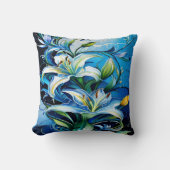 渦巻き模様を有するブルーリリーフローラデザイン クッション (正面)