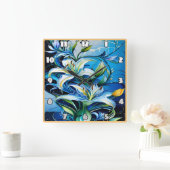 渦巻き模様を有するブルーリリーフローラデザイン スクエア壁時計 (ホーム)