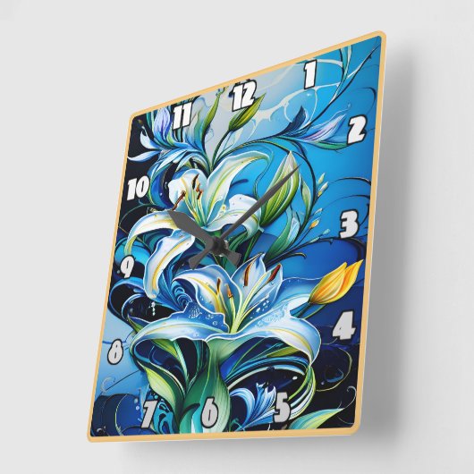 渦巻き模様を有するブルーリリーフローラデザイン スクエア壁時計 (傾斜)