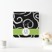 渦巻き模様,白黒,モノグラム スクエア壁時計 (ホーム)