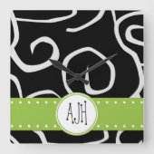 渦巻き模様,白黒,モノグラム スクエア壁時計 (正面)