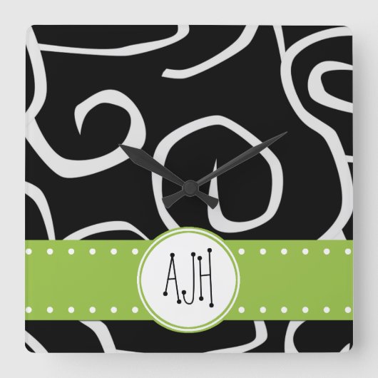 渦巻き模様,白黒,モノグラム スクエア壁時計 (正面)